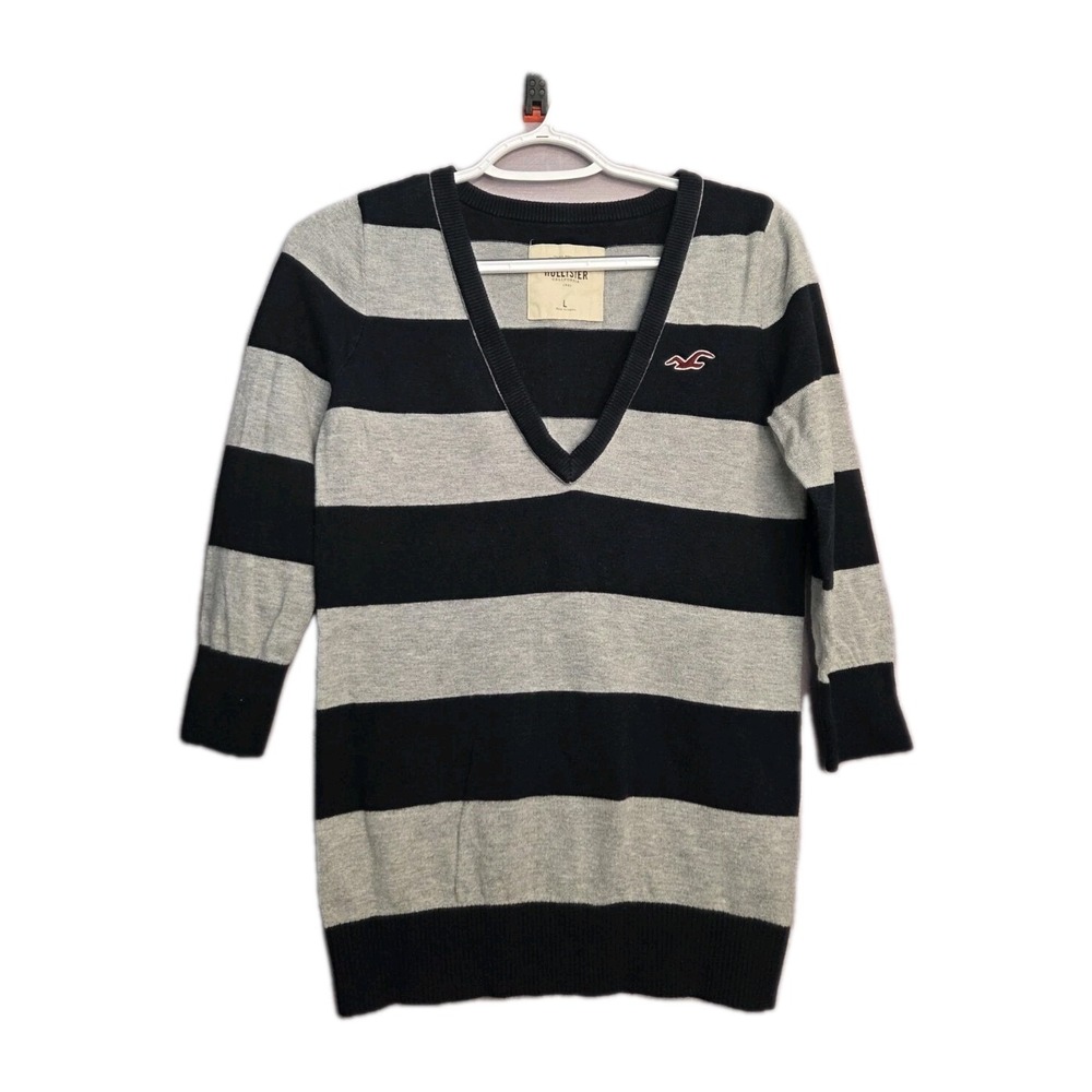 Y2K Hollister Striped Sweater‎ Women's Large Navy White Preppy Coastal V-Neck